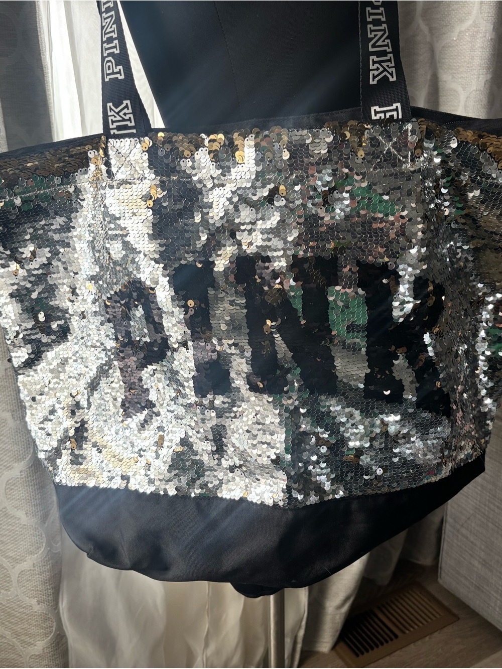 PINK Sequin Tote Bag in Silver and Black